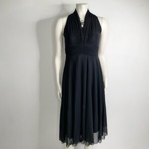Vintage Whimsigoth Black Sheer Mesh Double Layer Halter full back Midi Dress S